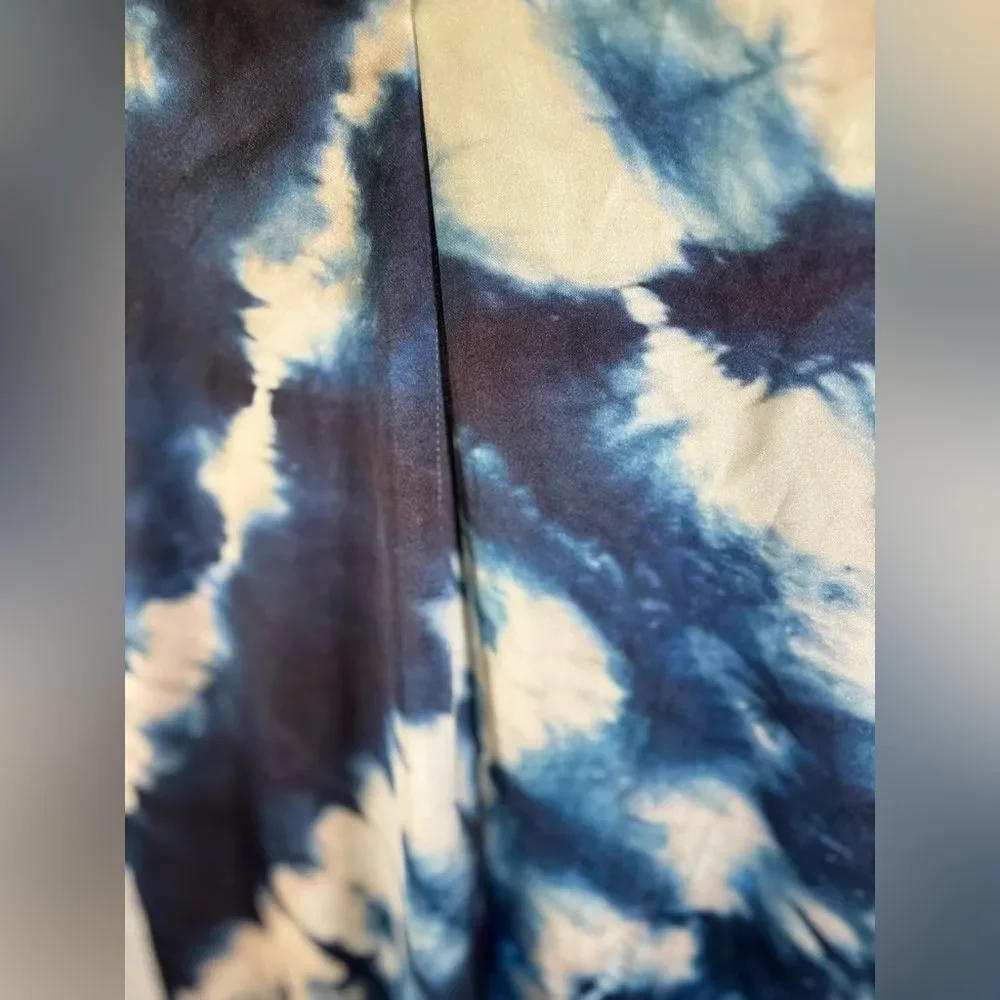 Zara Blue White Strappy V Neck Tie-Dye Satin Effect Boho Beachy Midi Dress M/L